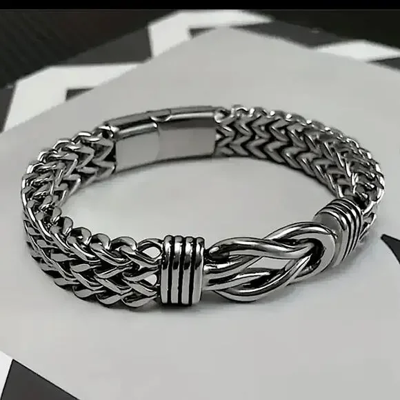 Stainless Steel Chain Link Bracelet, Mantra, Curb Hand Woven Engraved - Picture 2 of 5